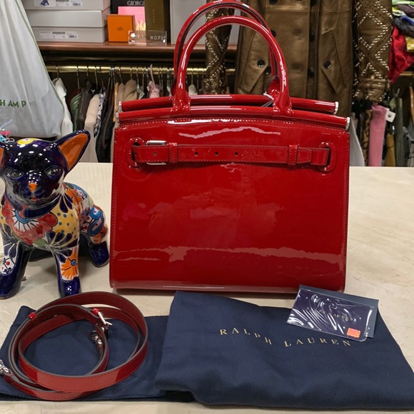 HOST PIC RALPH LAUREN COLLECTION RL 50 PATENT CALFSKIN TOP HANDLE IN RED - Picture 2 of 15